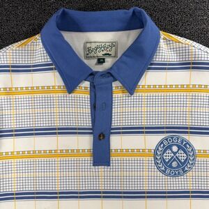 Bogey Boys Mens XL Golf Polo Shirt Blue Yellow Striped Grid Plaid Crest Logo